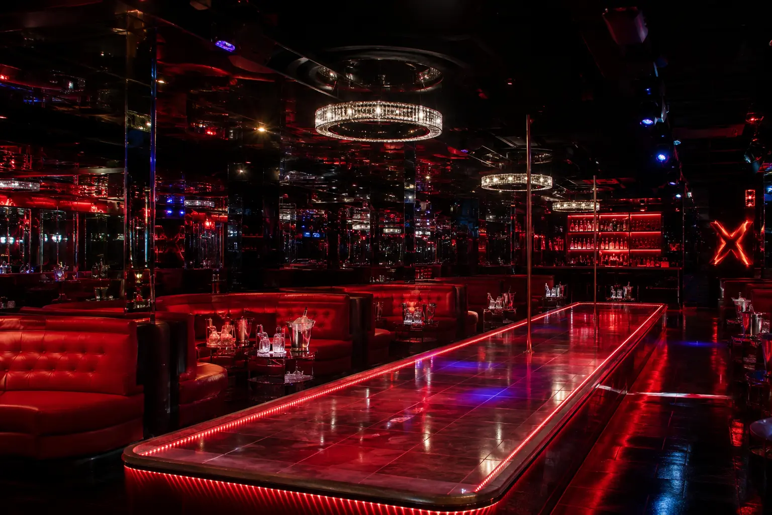 Piste centrale illuminée et miroirs du club